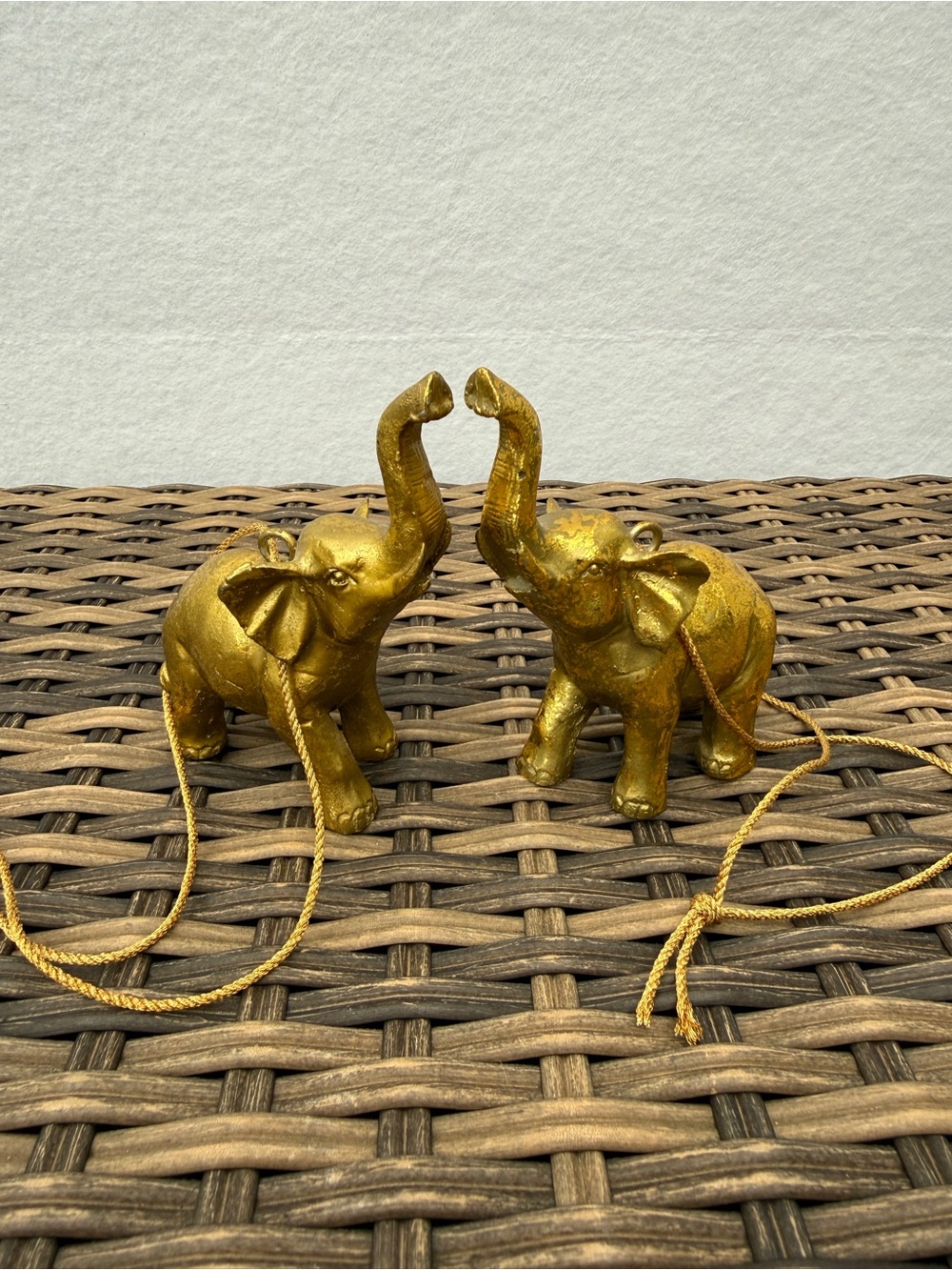 Pair Gold Tone Cast Metal Elephant Hanging Ornaments Trunk Up Good Luck 4" Decor